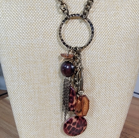 Antique Bronze Metal Statement Necklace with Amber beads and Chain Tassels Boho - Picture 10 of 17